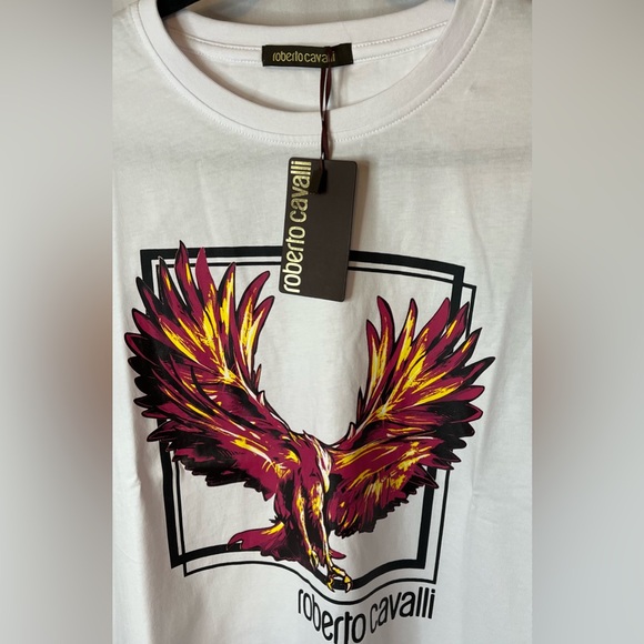 Roberto Cavalli White Tee with reddish and Yellow Eagle Graphic - Picture 3 of 10